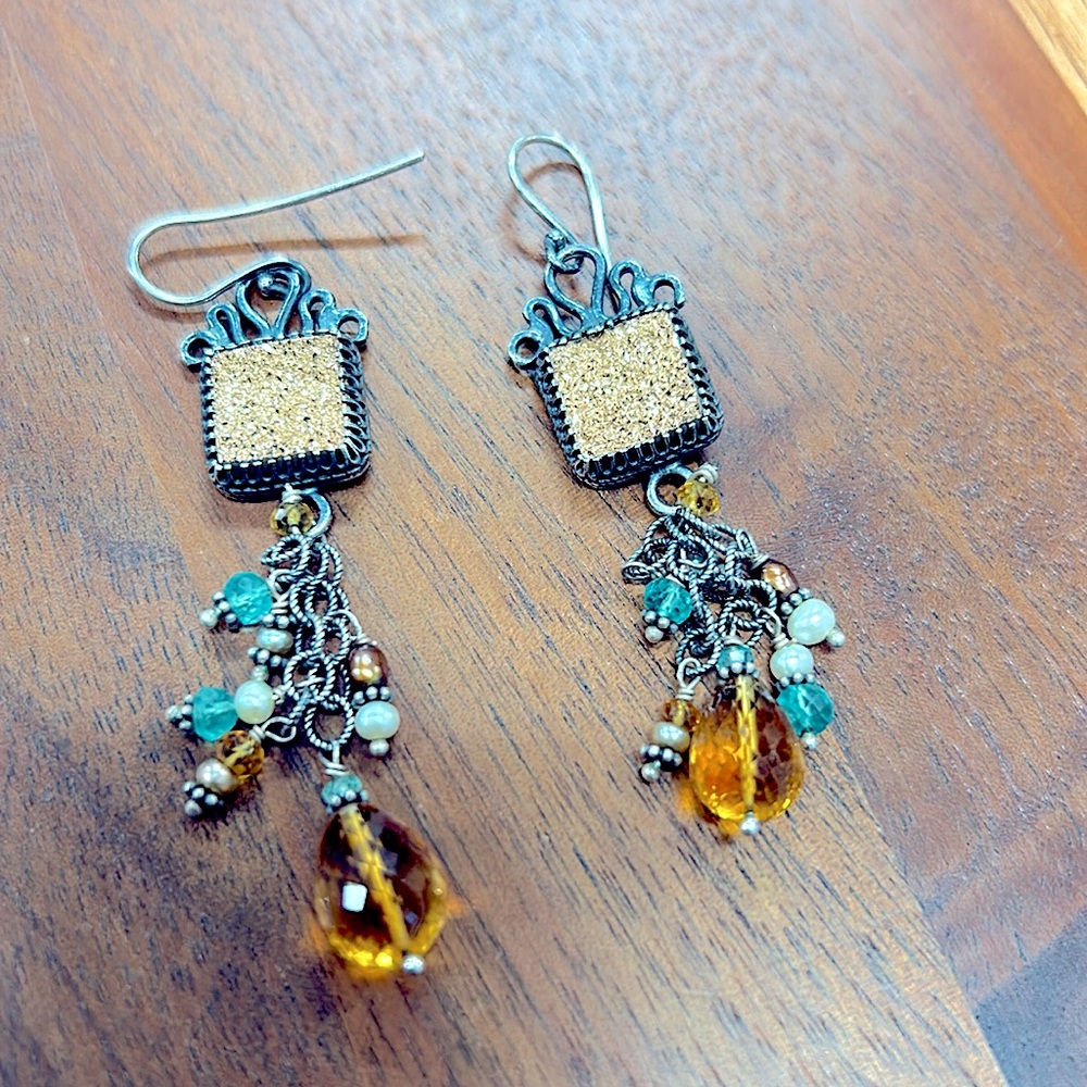 Elyn Blake earrings. Handmade. Drusy , sterling silver, crystal, seed pearls